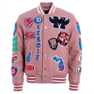Custom Pink Wool <b>Leather</b> Sleeves Varsity Letterman <b>Jacket</b> Embroidered Patches Streetwear Retro Bomber <b>Jacket</b> Outerwear Unisex - Product Image 1