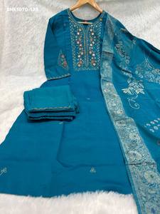Premium Collection Viscose Mango Silk with Multi-Embroidery <b>Sequin</b> & Hand work Kurti-<b>Pant</b> & Muslin Silk Dupatta Indian Exporter - Product Image 6