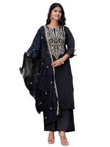Salwar Kameez en soie noire avec broderie dorée et dupatta pour femme, coupe ample traditionnelle, longueur cheville, tenue décontractée - Product Image 1