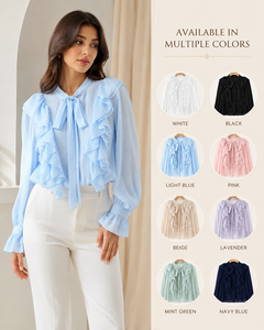 Blusa Casual de Mujer de Otoño, Estilo Vintage, Tejida, Transpirable, Teñida, 100% Poliéster, Sólida, 2 Colores, con Volantes Delanteros, Manga Larga y Cuello con Lazo - Product Image 2