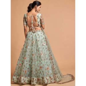 <b>Green</b> Embroidered <b>Net</b> Plus Size Wedding Lehenga Choli for Women - Product Image 3