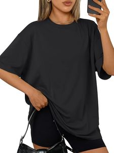 เสื้อยืดโอเวอร์ไซส์สีดำล้วน แขนสั้น คอกลม ทรงหลวม ผ้าเจอร์ซีย์คอตตอน 100% ระบายอากาศได้ดี ใส่ได้ทุกฤดู สำหรับผู้หญิง - Product Image 5