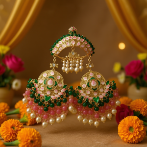Boucles d'oreilles pendantes en or plaqué avec pierres Kundan et perles Meenakari, avec Maangtikka, bijoux élégants en perles - Product Image 3