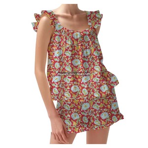Indian Hand Block Print Night Suit Custom Wholesale Spring/Summer Floral Fitted Strappy Ruffle <b>Trim</b> Sleeves PJ Set - Product Image 4