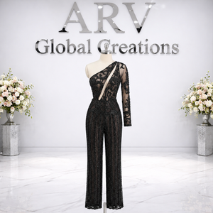 Sheer Black Sequin One Shoulder <b>Jumpsuit</b> | Elegant Party Wear Wide Leg Glitter Evening Outfit Designer Cocktail Wedding Guest - Product Image 2