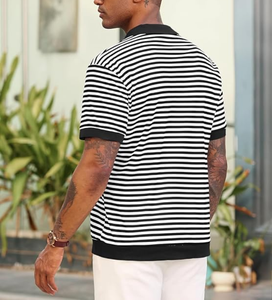 เสื้อโปโลถักแขนสั้นลายทาง คอวี สำหรับผู้ชาย เสื้อกอล์ฟคลาสสิก สวมใส่สบายๆ ในฤดูร้อน รับผลิตตามแบบ (OEM) ขายส่งจากโรงงานโดยตรง - Product Image 6