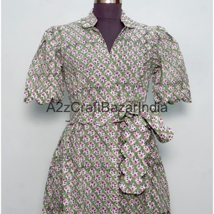 Vestido midi floral de algodón 100% ecológico para mujer, estilo canguro, cuello en V, manga corta, decoración con botones, lavable. - Product Image 4