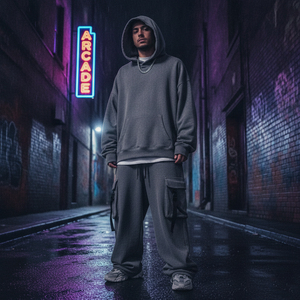 Survêtement streetwear personnalisé pour homme, à capuche, couleur unie, coupe ample, manches longues, avec poches latérales et cordon de serrage, pour l'automne - Product Image 5