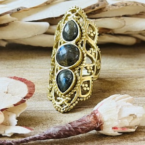 Trendy Latest Boho Brass <b>Rings</b> For Women 18K Gold Plated <b>Chunky</b> Statement Vintage Filigree Labradorite <b>Ring</b> Wholesale <b>Ring</b> - Product Image 5