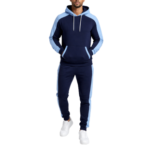 Survêtement pour homme bleu marine avec logo personnalisé et pantalon à panneaux latéraux bleu ciel contrastant |   Ensemble sweat à capuche et pantalon bicolore à manches raglan - Product Image 1