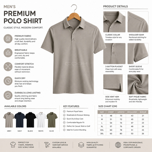 Polo en coton gris sans couture à manches courtes pour hommes grandes tailles, avec logo personnalisé, couleur unie, décontracté, respirant, coupe classique - Product Image 6