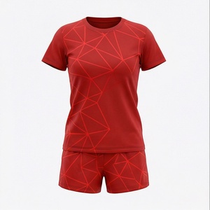 T-shirt sportif à manches courtes pour femme, motif géométrique rouge, col rond, séchage rapide, en polyester tricoté, toutes saisons, coupe classique - Product Image 1