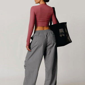 Pantalones Cargo de Punto Grises para Mujer, Cintura Alta, Cordón Elástico, Color Sólido, Corte Holgado, Casual, para Primavera, Transpirables, con Bolsillos - Product Image 5
