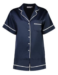 Ensemble de pyjama pour femmes en bleu marine à manches courtes avec bordure blanche, coupe classique, 2 pièces, vêtements de nuit en satin, été, automne, printemps, taille élastique - Product Image 2