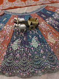 Lehenga Choli de Lujo en Azul Turquesa Multicolor, con Bordado de Terciopelo Zari, Traje de Novia Indio para Bodas, Ghagra para Verano e Invierno - Product Image 3
