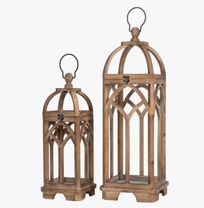 Wooden Square Candle <b>Lantern</b> Set Gothic Arch Vintage Pillar Holder Top Hanging Ring Decorative Rustic <b>Hurricane</b> Lamp Home Decor - Product Image 2