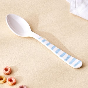 White Plastic Fork And Spoon Set With Blue Striped Handles Reusable Camping <b>Flatware</b> Nordic Design Matte Finish - Product Image 3