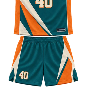 Ensemble d'uniformes de basketball personnalisés pour hommes, vert sarcelle, orange et crème, maillot sans manches à col en V, short, empiècements diagonaux, numéros d'équipe, kits en gros - Product Image 6