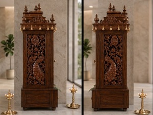 Mandir de madera tallada con diseño de pavo real para la puerta, compra templos de madera maciza de estilo tradicional para la sala de pooja con gabinetes de almacenamiento. - Product Image 4