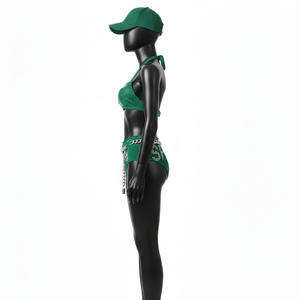 ชุดบิกินี่ผู้หญิงสีเขียวมรกต ผ้าไนลอนผสมสแปนเด็กซ์แบบริบ พรีเมียม GSM พร้อมโลโก้คริสตัลแบบรีดร้อน - Product Image 3