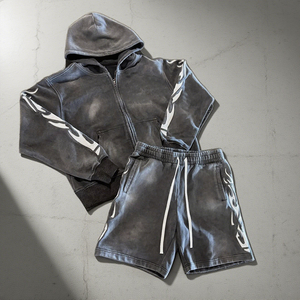 Survêtements sportifs d'hiver en coton éponge pour hommes, 2 pièces, avec sweat à capuche zippé et short, impression numérique et broderie - Product Image 2