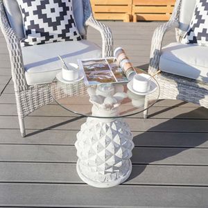 Table d'appoint vintage blanche en forme d'ananas avec plateau en verre trempé, modèle D0100H5JRV2, pour usage intérieur et extérieur - Product Image 3