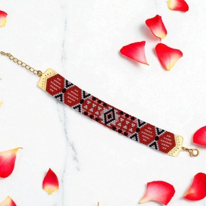 Bracelet tissé artisanal perlé motif rouge noir blanc largeur 20mm 29mm design durable - Product Image 2