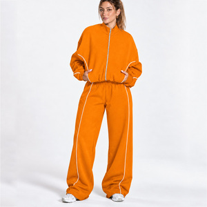 <b>Women</b> Contrastline Zipper Tracksuit Casual Two Piece Set Relaxed Fit <b>Jacket</b> And Wide Leg Pants Matching Outfit Wholesale Apparel - Product Image 1