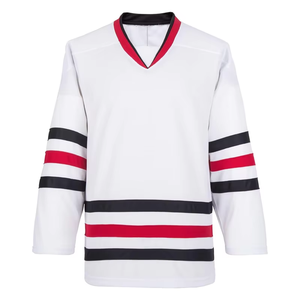 Camiseta de Hockey sobre Hielo Personalizada para Hombre, Blanca, Cuello en V, Rayas, Manga Tres Cuartos, Poliéster que Absorbe la Humedad, Talla Adulto - Product Image 1