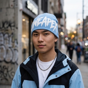 Custom Light Blue Knit Beanie Hat White Custom Logo Ribbed <b>Winter</b> <b>Cap</b> Unisex Streetwear Fashion Headwear Wholesale Manufacturer - Product Image 2