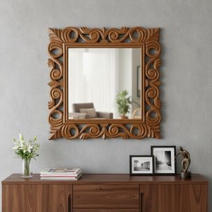 Carved Wooden Wall Mirror <b>Square</b> Decorative Vanity Accent Mirror Rustic Vintage Farmhouse <b>Frame</b> for Bedroom Living Room - Product Image 3