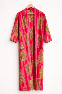 Bata Kimono Rosa con Estampado Floral de Algodón, Cuello en V, Cierre con Cordón, Transpirable, para Mujer, Estilo Boho, para Playa, Spa, Resort, Venta al por Mayor - Product Image 3