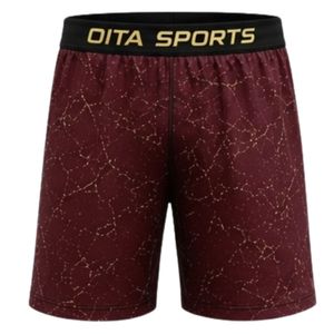 Shorts d'entraînement athlétiques à imprimé marbré bordeaux et or avec taille élastique, légers, respirants, pour le sport, la gym et la performance - Product Image 1