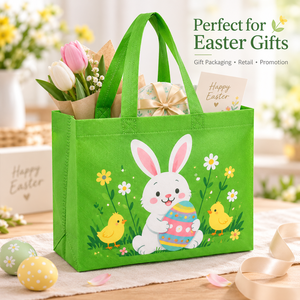 Sacs fourre-tout réutilisables en tissu non tissé écologique, imprimé lapin de Pâques vert lime, œufs colorés et poussins sur prairie, avec logo personnalisé - Product Image 4