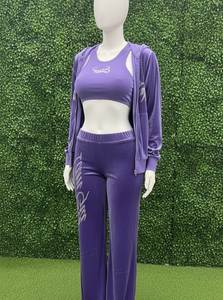 Women's Purple <b>Velvet</b> Knitted 2 Piece Sporty Set Full Length <b>Leggings</b> Crop Top O Neck Hoodie Solid Color All Seasons Wear - Product Image 3