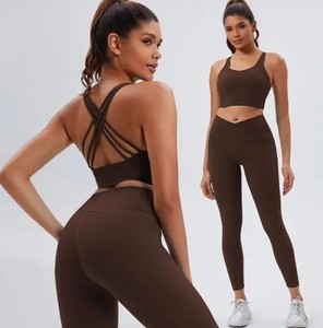 Polyester Spandex <b>Women</b> Yoga Set Stretch Tank <b>Top</b> <b>Compression</b> Leggings Elastic Waist High-Waisted Custom - Product Image 2