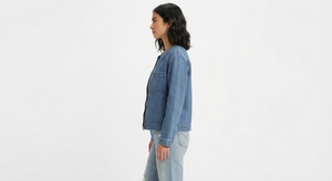 Blue Washed Denim <b>Jacket</b> <b>for</b> <b>Women</b> Zip Front Flare Sleeve Stand Collar Pocketed Woven Outerwear Winter Spring Autumn - Product Image 2