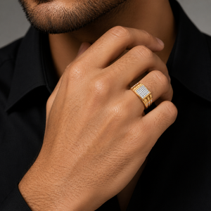 Gold Plated Diamond Square <b>Ring</b> Two Tone Pave Inlaid Signet Band <b>for</b> <b>Men</b> Women Party Gift - Product Image 5