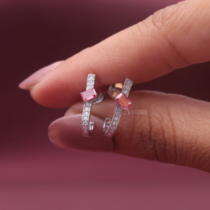 IGI Certified Lab Grown Diamond Pink Emerald Cut <b>Huggie</b> Hoop Earrings in Solid 925 Sterling <b>Silver</b> | Luxury Fine Jewelry - Product Image 5