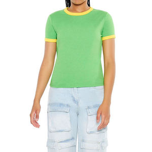 T-shirt court vert à col rond et manches courtes pour femme, couleur unie, décontracté, en jersey tricoté 100% coton, coupe classique, printemps-été - Product Image 5