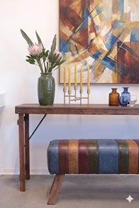 Premium Rare Patchwork Leather Pommel Horse Bench with Rustic Wooden Legs Upholstered Entryway <b>Bedroom</b> Seating <b>Stool</b> - Product Image 4