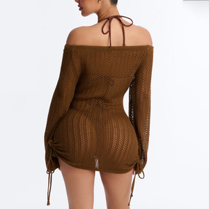 Vestido de punto con hombros descubiertos para mujer, diseño calado, manga larga, ajustado, estilo otoñal, sexy, para discoteca - Product Image 2