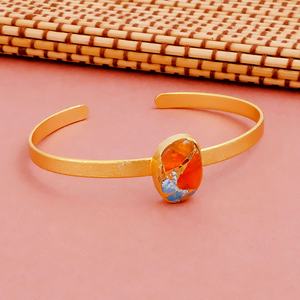 Bague ouverte ovale en pierre de jade de la Mojave, faite à la main, unisexe, plaquée or, tendance, sertie de pierres, réglable, bijoux de mode - Product Image 1