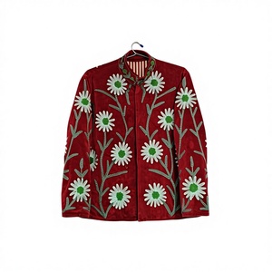 Luxury Red <b>Velvet</b> Women's <b>Jacket</b> with Handmade Floral Embroidery | Boho Style Winter Coat | Premium Kashmiri Aari Work Outerwear - Product Image 5