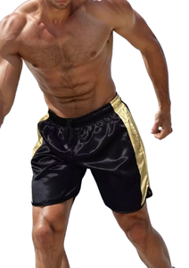 Pantalones cortos de boxeo de satén dorado negro Pantalones cortos de entrenamiento casuales Pantalones cortos de playa para correr con cordón - Product Image 4