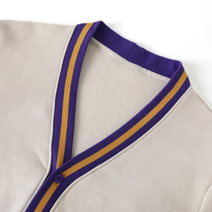 Custom Omega Neutral Fraternity <b>Cardigan</b> Men's Off White 100% Cotton Fleece Sweater Purple Gold Stripe Greek Wholesale Buyers - Product Image 4