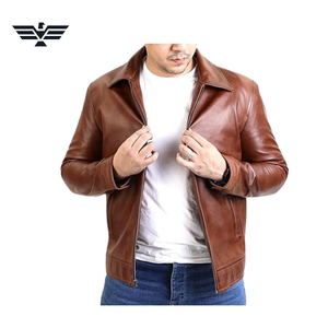 Chaqueta de Motociclista para Hombre, de Cuero Genuino Marrón, Impermeable, con Cuello Alto, Cierre de Cremallera, Corte Regular, Color Sólido, para Otoño - Product Image 5