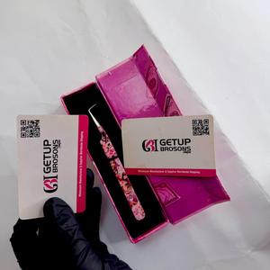 GETUP BROSONS Eyelash Tweezers Stainless Steel Smooth Tip Anti-Static 10mm Length Precision 90 Degree <b>Pink</b> Cardboard <b>Box</b> Black - Product Image 5