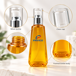 ขวดปั๊มเครื่องสำอาง PET ขนาด 250 มล. คอขวด 28 มม. สีเหลืองอำพัน ยี่ห้อ PAVICO หัวฉีดพ่นละอองละเอียด พิมพ์ซิลค์สกรีน บรรจุภัณฑ์สำหรับผลิตภัณฑ์ดูแลส่วนบุคคล - Product Image 3