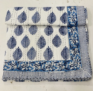 Silkgram Hand Block Printed Cotton Kantha <b>Quilt</b> Foliage Pattern Blue White Home Decor <b>Throw</b> Blanket All-Season Eco-Friendly - Product Image 5